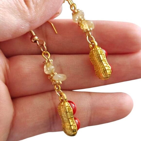 Red and Gold Peanut Stone Dangle Earrings - Picture 4 of 6